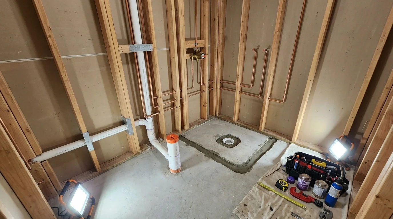 Bathroom rough-in plumbing during remodel by Johns Plumbing LLC in Honeyville