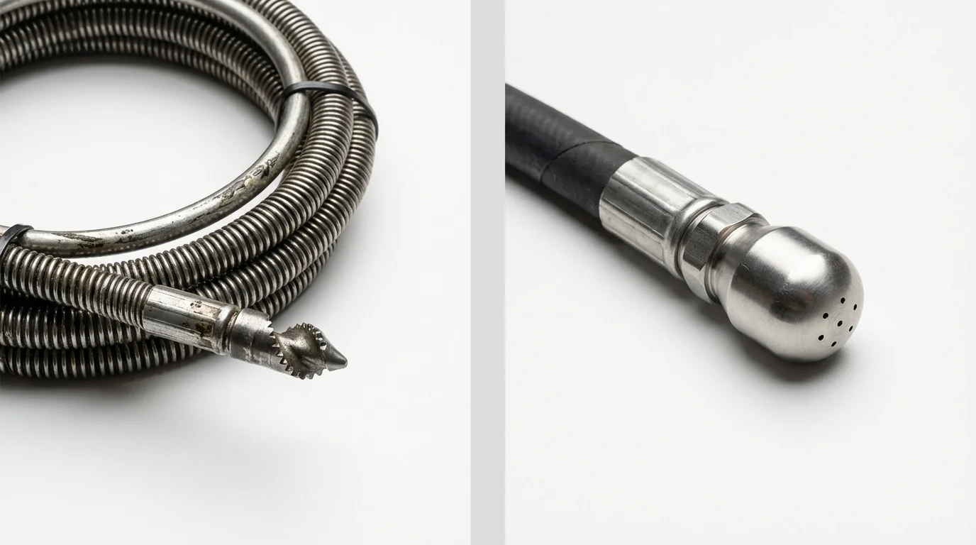 Drain snake cable and hydro jetting nozzle used for drain cleaning in Honeyville, UT