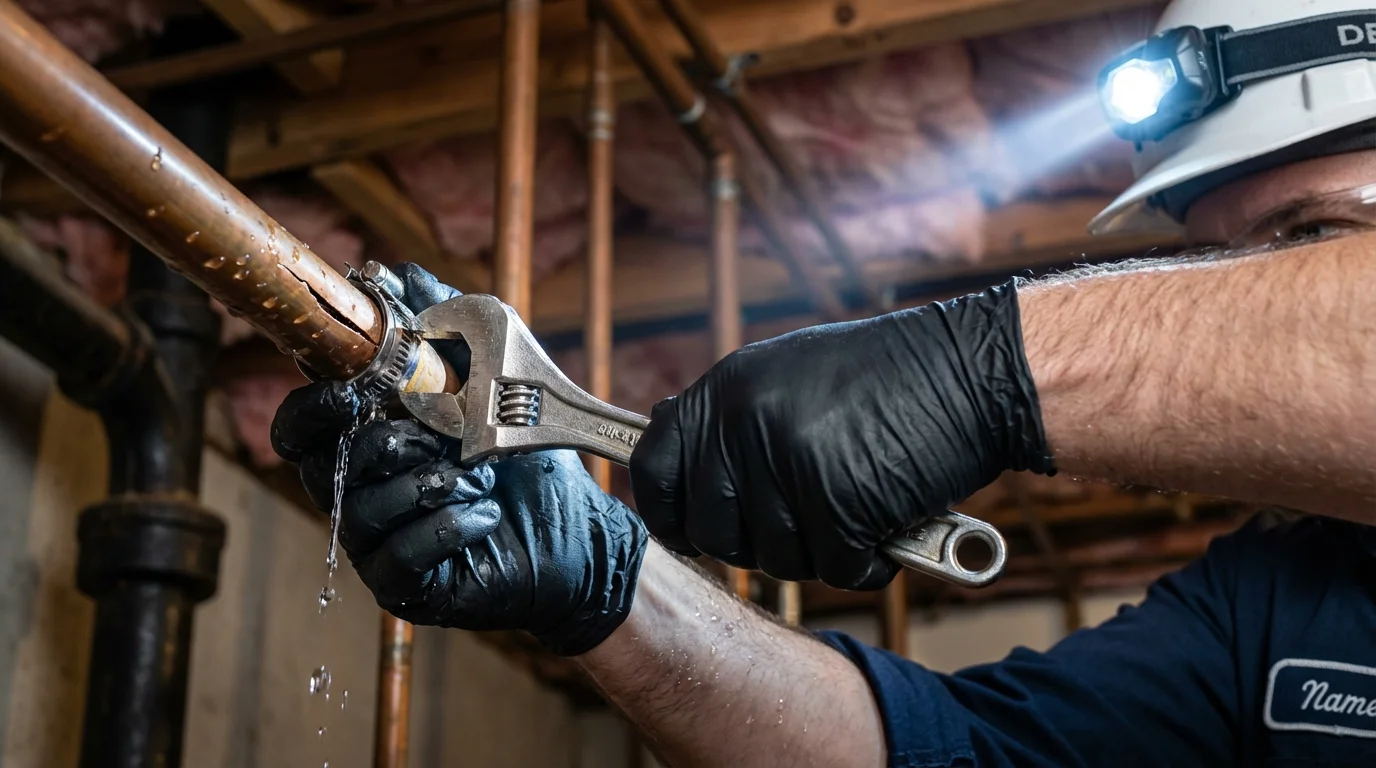 Emergency pipe clamp repair being performed by a Johns Plumbing LLC plumber in Honeyville
