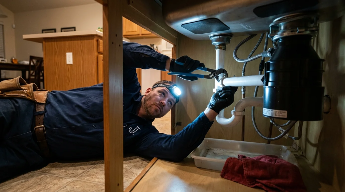 P-trap and supply line connections under a kitchen sink showing a common leak point in Honeyville, UT